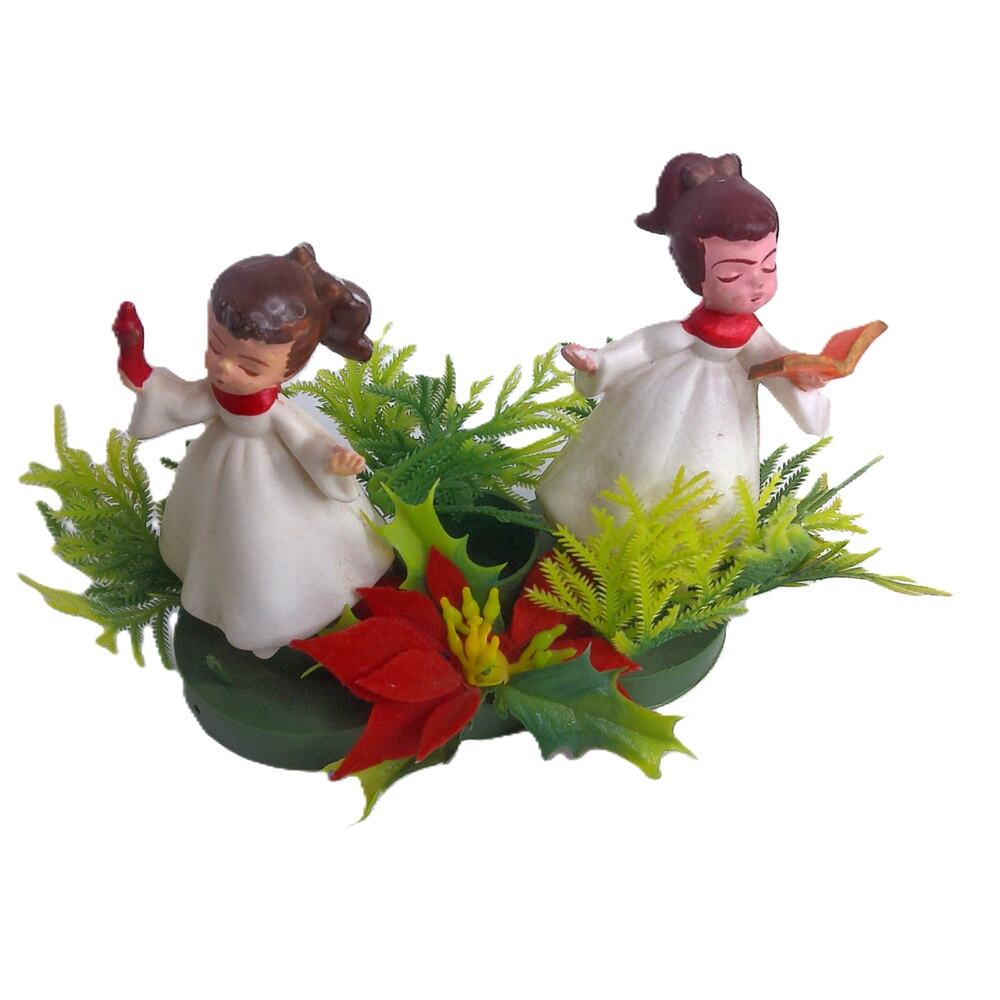 Vintage Mid Century Plastic Christmas Carolers Poinsettia Centerpiece